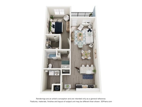 Floor plan for 1 bed, 1 bath, 833 sqft